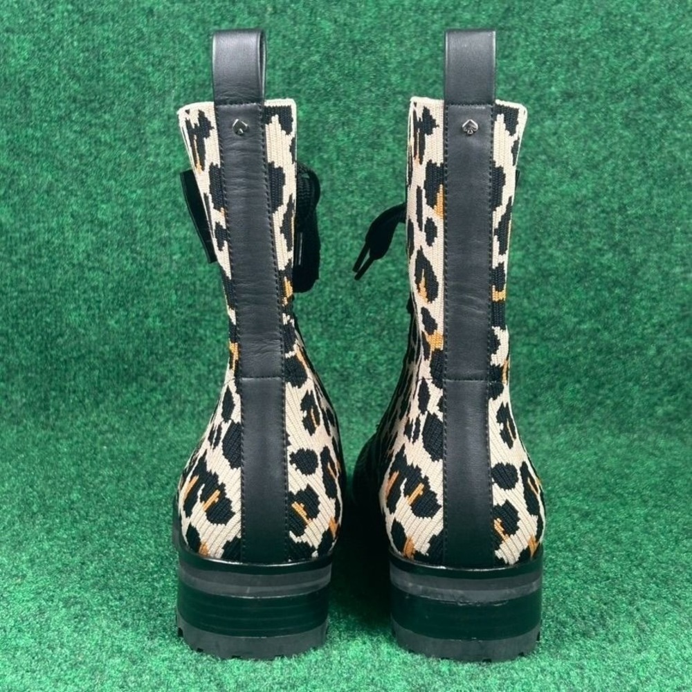 Kate Spade Leopard Print Knit Lace Up Ankle Boots Women 8.5B Leather Rubber Sole - Picture 5 of 11